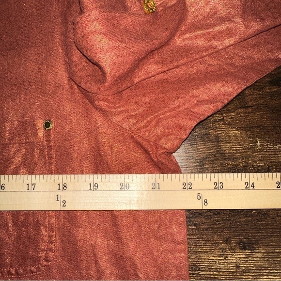 Ellen Tracy Top Womens Large Orange Metallic Linen Rayon Roll Tab Copper Tunic - Picture 3 of 11